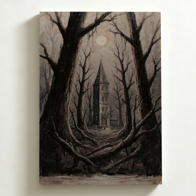 Tableau sur toile d'Halloween 50 x 75 cm. Une tour gothique émerge des arbres dénudés, sous la lune. Impression sur toile d'inspiration romantique sombre. Décoration murale moderne pour chambre, salon et bureau.
