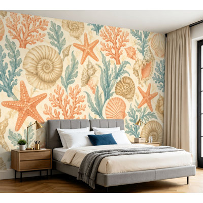 Wall Mural Peel and Stick Wallpaper Marine hand drawn sea shells stars mollusk coral for textiles prints Self-Adhesive Removable Contact Paper Wall Decor for Living Room Bedroom 100"H x 144"W