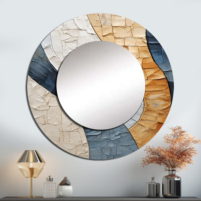 Peinture bleue minimaliste en pierre spirituelle - miroir géode en pierre, miroir mural rond beige, impression d'art en métal