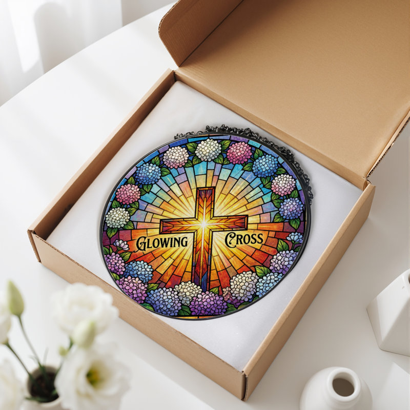 7.8"H Glowing Cross Stained Glass Window Panel, 7.8" H x 7.8" W