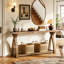 Table console 63 po en bois massif, canapé d'entrée étroit avec rangement à 2 niveaux