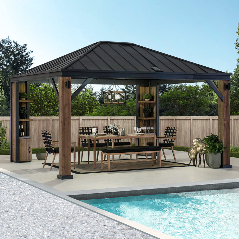 Sunjoy 12 x 14 ft Cedar Wood and Steel Hardtop Gazebo with LED Lighting and Bluetooth Sound