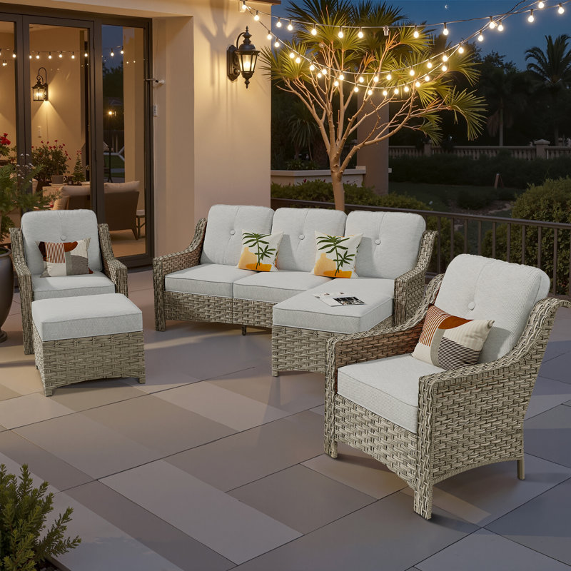 Harper Wicker 7 - Person Patio Conversation Set with Cushions, Light Gray