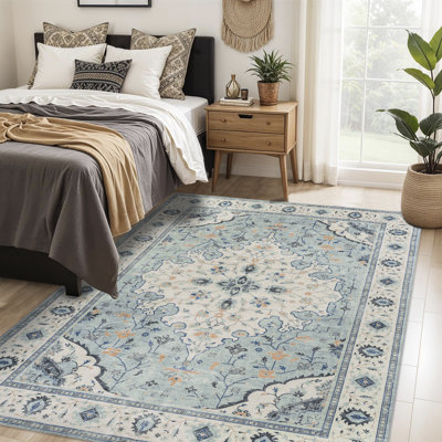 Tapis oriental bleu / beige / beige / doré antidérapant lavable à la machine pour le salon, la chambre à coucher et le couloir