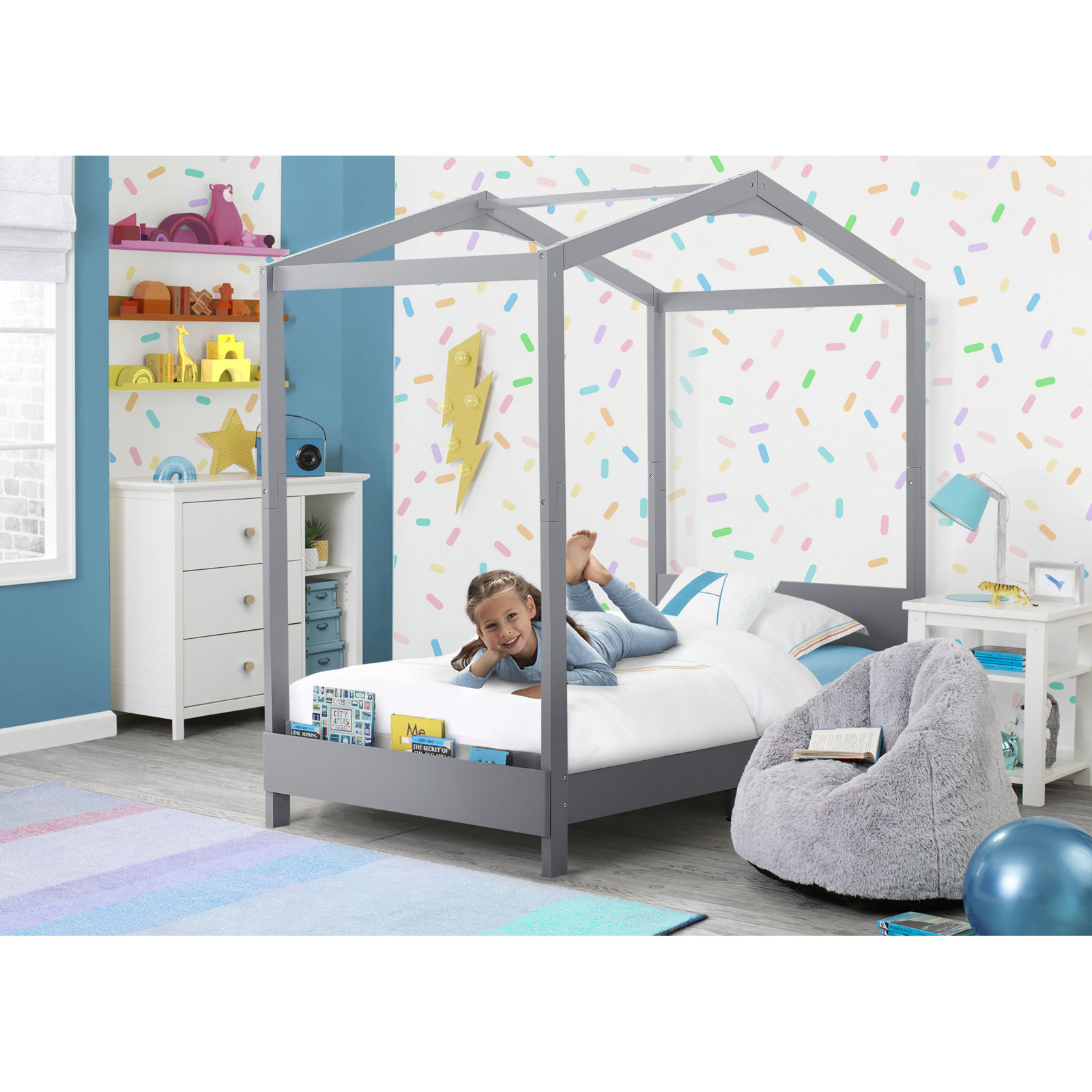 Twin Solid Wood Platform Standard Bed with Shelves by Delta Children, Gray