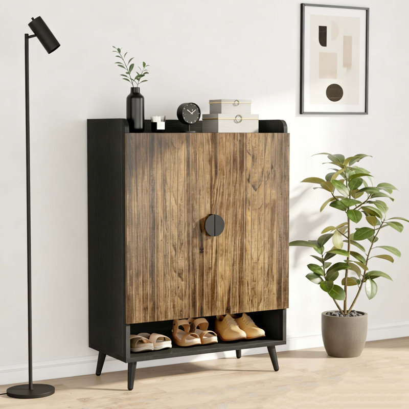 Shoe Storage Organizer with Adjustable Shelves Cabinet, Rustic Brown & Black