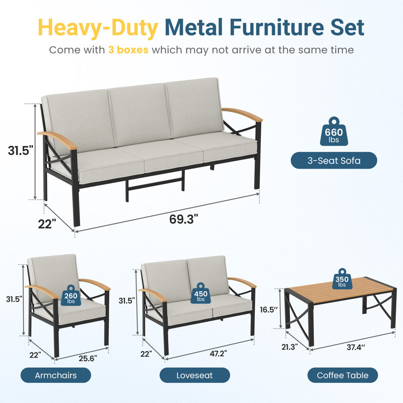 7-Person Outdoor Patio Set, Outdoor Conversation Set with Weather Resistant Cushions, Heavy-Duty Metal Frame Patio Furniture Set for Backyard, Poolside