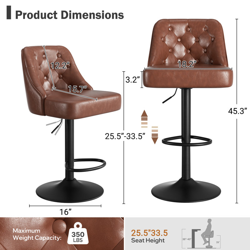 360-Degree Rotatable Faux Leather Bar Stool With Button Stitching, Dark Brown