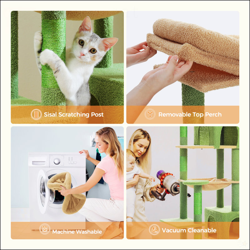 69" Tall Green Sisal and Plush Cat Tree with Hammocks
