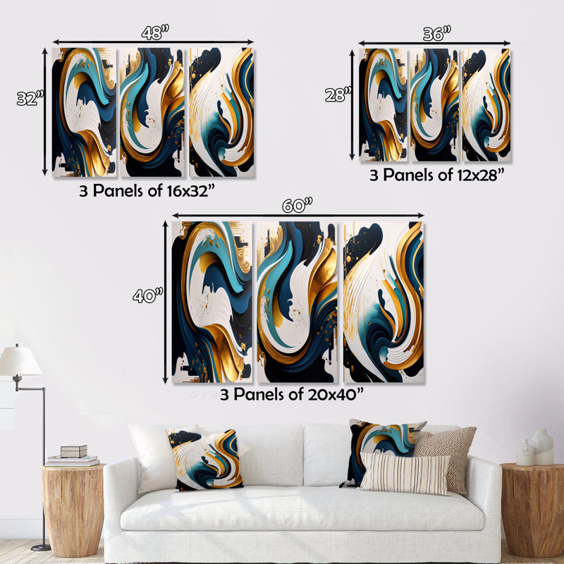 "Blue and Gold Modern Art", peinture abstraite I sur toile, 3 pièces, H 28 po x l 36 po x P 1 po