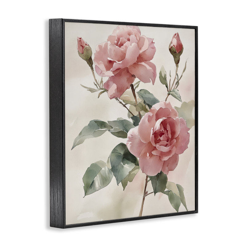 «Pink Watercolor Roses and Buds», dessin de Petal Prints Design, H 14 po x l 11 po, Giclée encadrée noir minuit