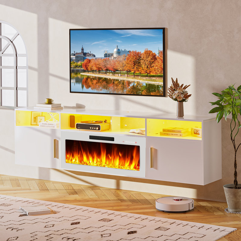 Floating 80" TV Stand with 36" Electric Fireplace, White