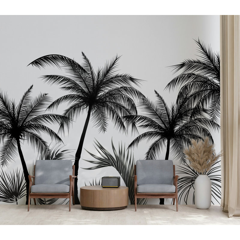 Papier peint amovible noir et blanc avec palmiers exotiques, L 98 po x l 150 po