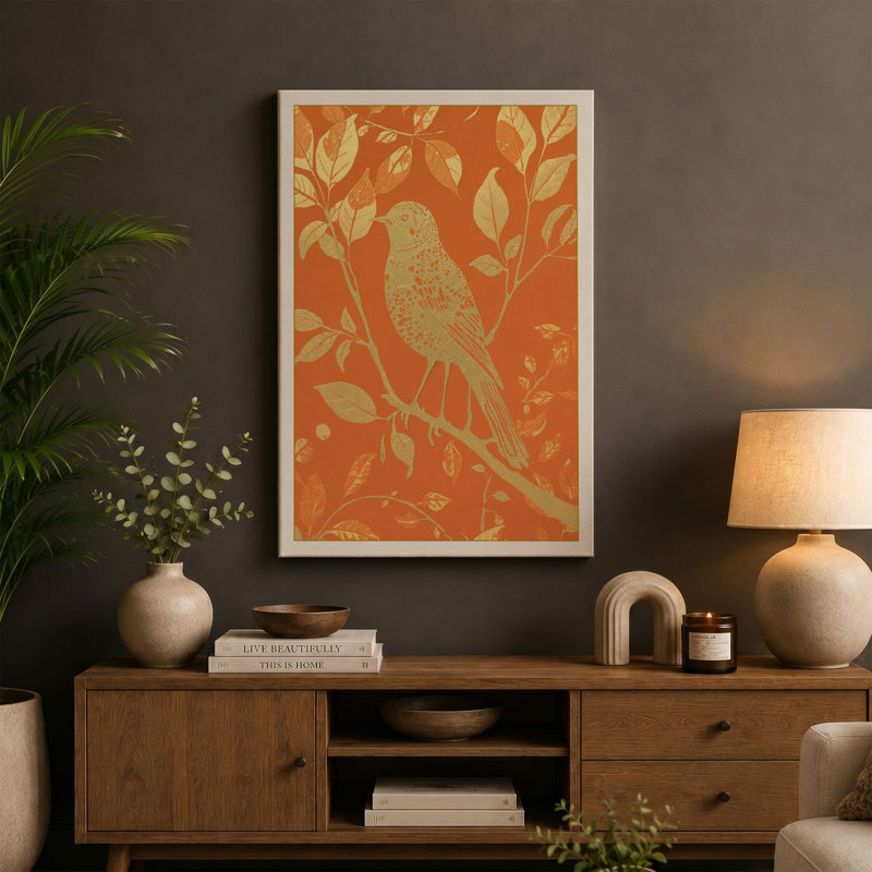 Gilded Songbird Botanical - Wrapped Canvas, 36x24 - 91.4 x 61.0 cm, Cream Border