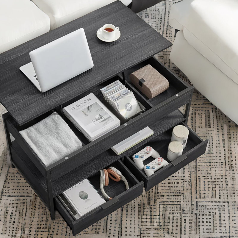 Akya Black Lift Top Extendable Coffee Table with Storage Compartments and Drawers Living Room