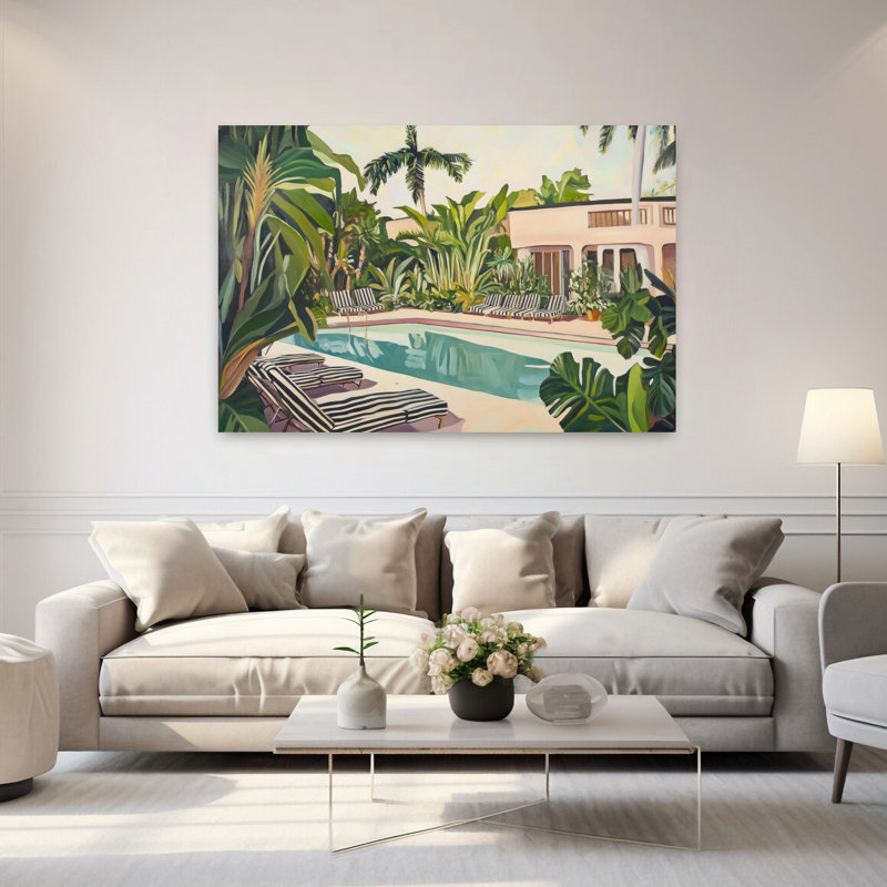 Art mural abstrait contemporain au bord de la piscine, H 40 po x l 60 po