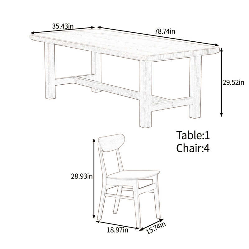 Solid wood solid large table set, 29.52"H x 78.74"L x 35.43"W, Dark Brown