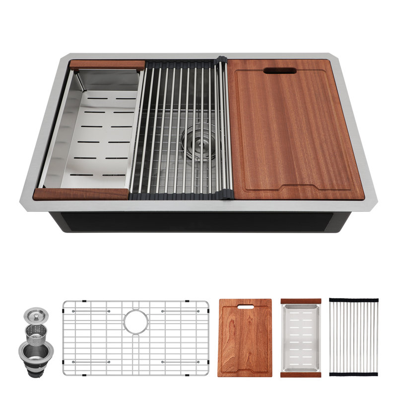 30"L Undermount Workstation Single Bowl Honeycomb Finish 16 Gauge Stainless Steel Kitchen Sink