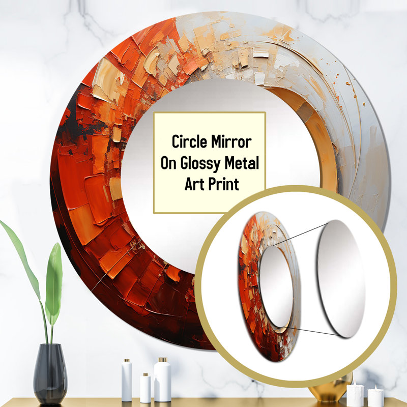 Energetic Spiralscape I - Abstract Spirals Decorative Wall Mirror, Orange Round Mirror, Printed Metal Art, 23" x 23"