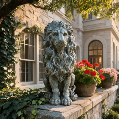 Magnesium Oxide Sitting Lion Statue, Weatherproof Vintage Lion Sculpture for Outdoor Garden Lawn Patio Decor