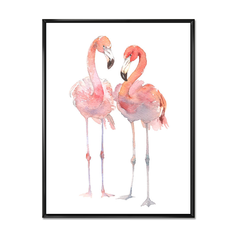 Flamants roses sur fond blanc II - reproduction sur toile, Toile à cadre flottant noir, H 44 po x l 34 po