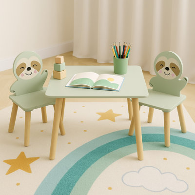 Kids Table and 2‑Chair Set, Cute Sloth Toddler Activity Table Set, Wooden Play Table for Drawing, Snack Time, Playroom and Nursery