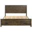Très grand lit à panneau rustique brun doré avec deux tiroirs de rangement, fabriqué de manière experte en bois franc massif, pièce maîtresse de la chambre de taille orientale et placage de bois