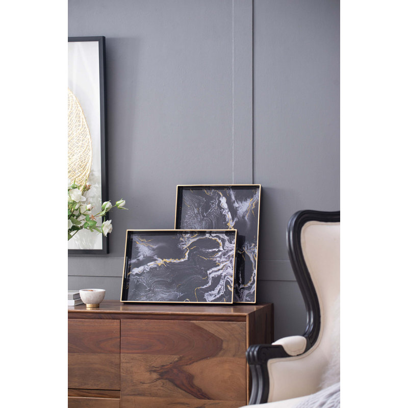 S/2 Effra Rectangular Trays,Black Marbled