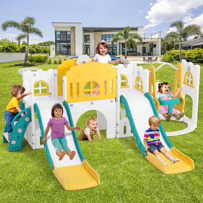 10 In 1 Children 2 Long Slides With Swing Set, Kid Plastic Climber Double Slide With Basketball Hoop