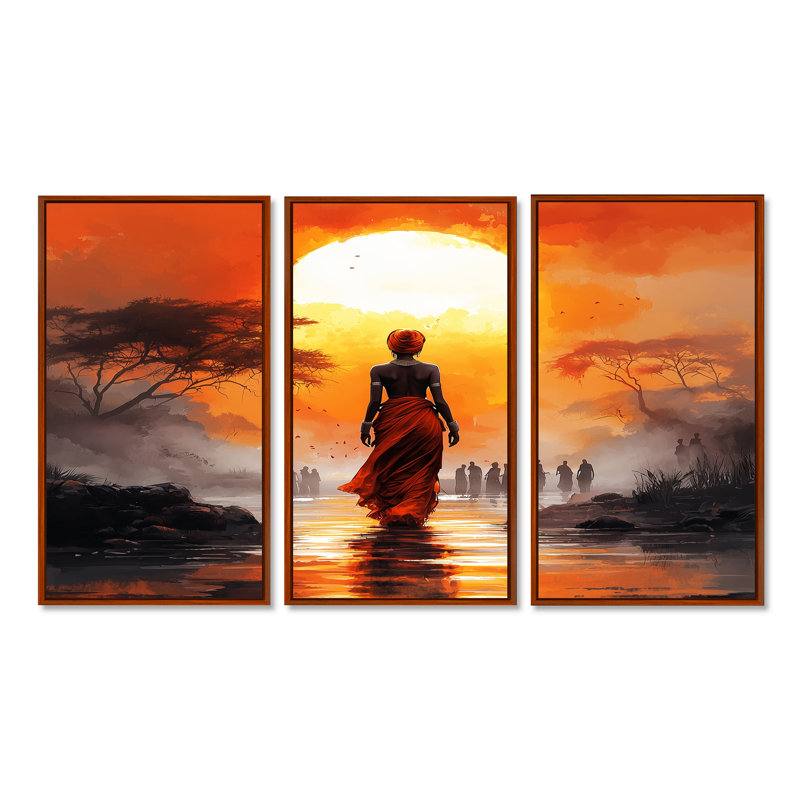 Orange Orange Journey III - ensemble d'art mural paysage africain, H 28 po x l 36 po x P 1 po, Toile avec cadre flottant brun