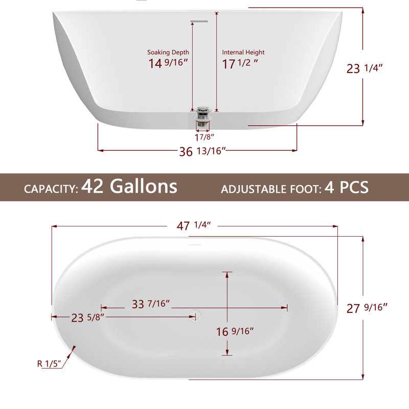 47 In. W × 27.5 In. D × 23.2 In. H Glosses White Freestanding Bathtub Floor Installation Acrylic Multi-Layer Materials Construction With Drain And Overflow