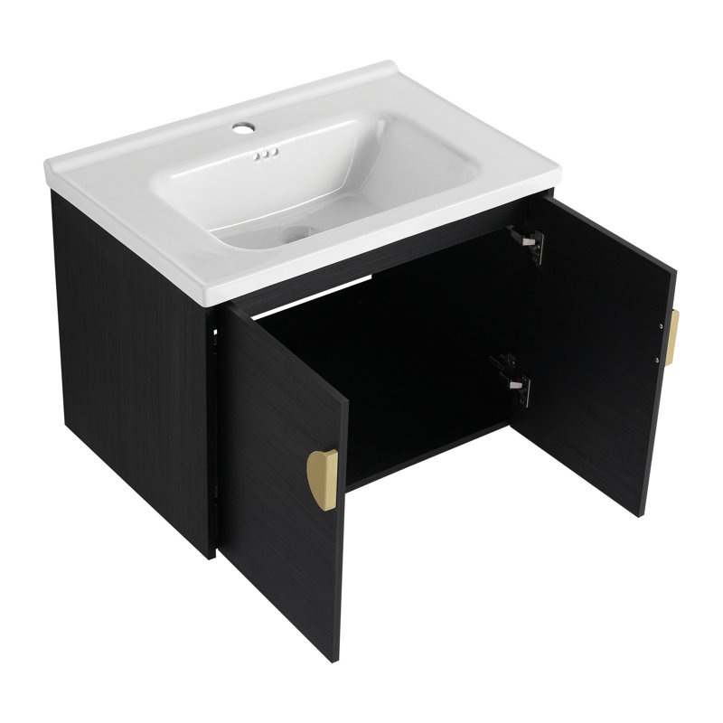 Meuble-lavabo à fermeture en douceur 28 po avec lavabo, pour petite salle de bain, Noir châtaignier
