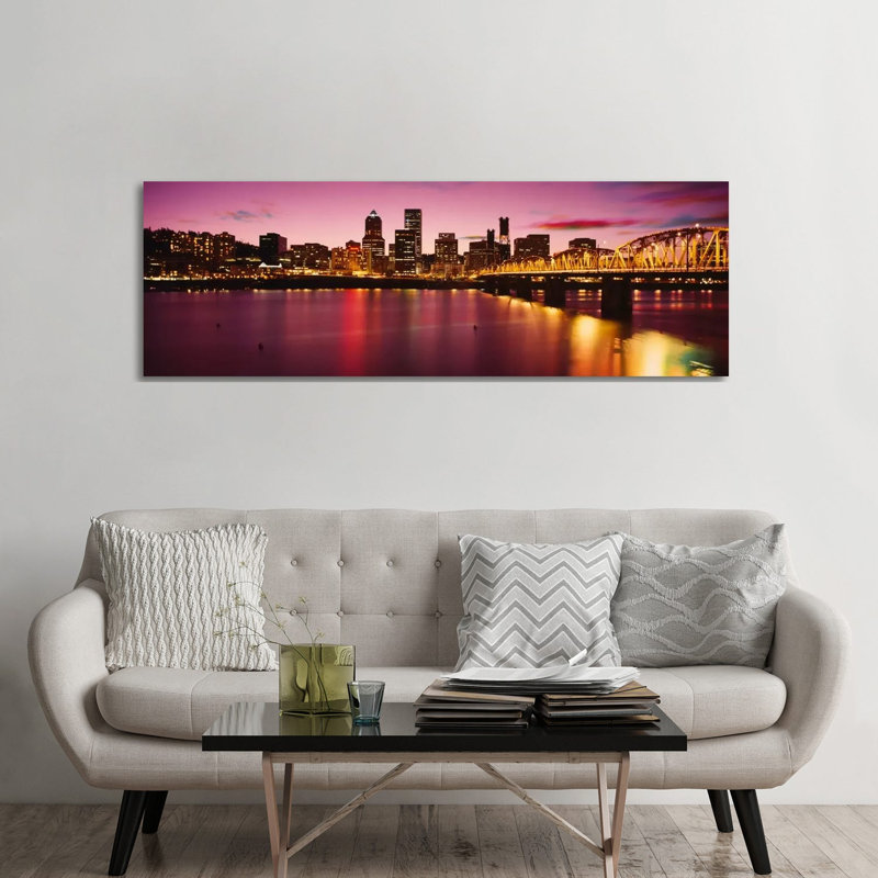 Skyscrapers Lit Up At Sunset, Willamette River, Portland, Oregon, USA - Wrapped Canvas Panoramic Print