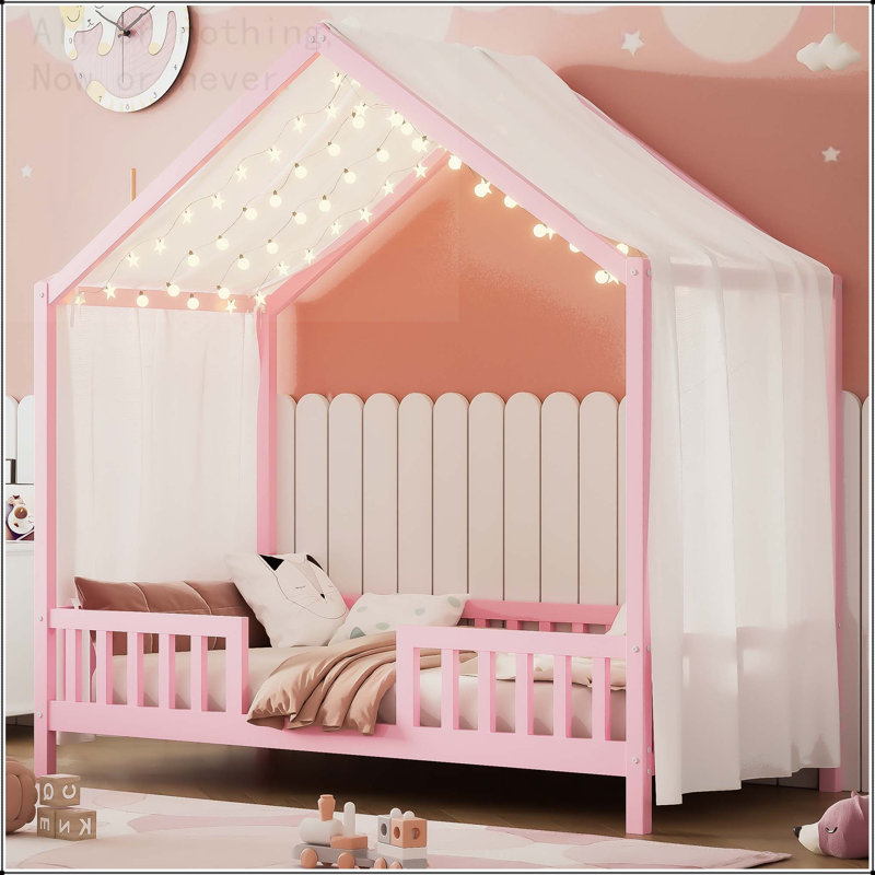 Lit simple au sol avec auvent et structure en forme de maison Montessori, Lit simple, Rose