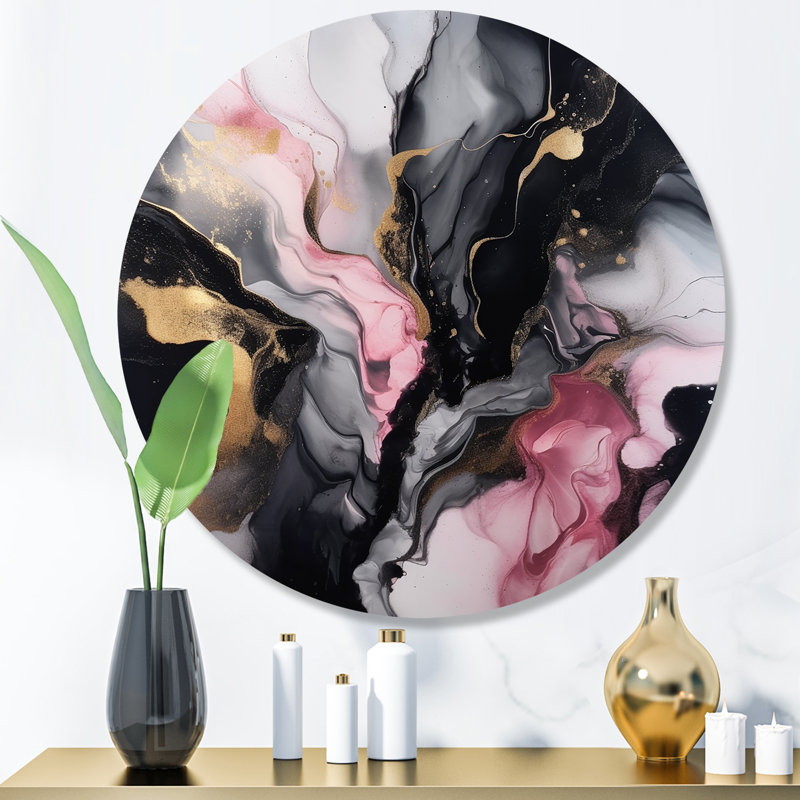 «Black Gold Marble Splash II», art mural rond en marbre abstrait sur métal, H 16 po x l 16 po x P 1 po