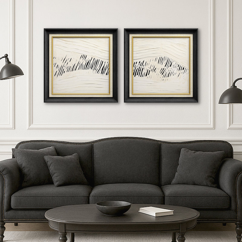 Crème neutre, vague organique, ligne contemporaine, encadrée, œuvre d'art de la chambre principale, 2 pièces