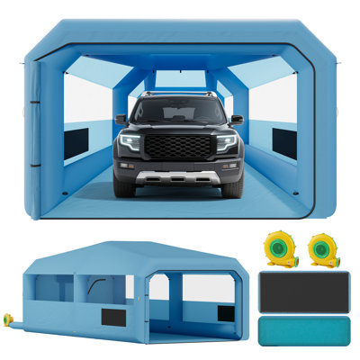 Cabine de peinture gonflable AMERLIFE 26,2 x 13,1 x 10 pi avec soufflantes de 950 W + 550 W, système de filtres à 4 étapes et toit de pointe, cabine de peinture portable avec fenêtres en PVC pour le bricolage, détails mobiles, finition automatique