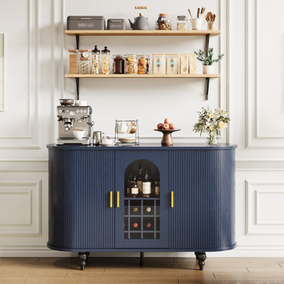 Home Bar Cabinet with Storage, Sliding Door Liquor & Coffee Bar Console - Wine Bottle & Glass Storage, Space-Saving Design - Blue Wood Grain