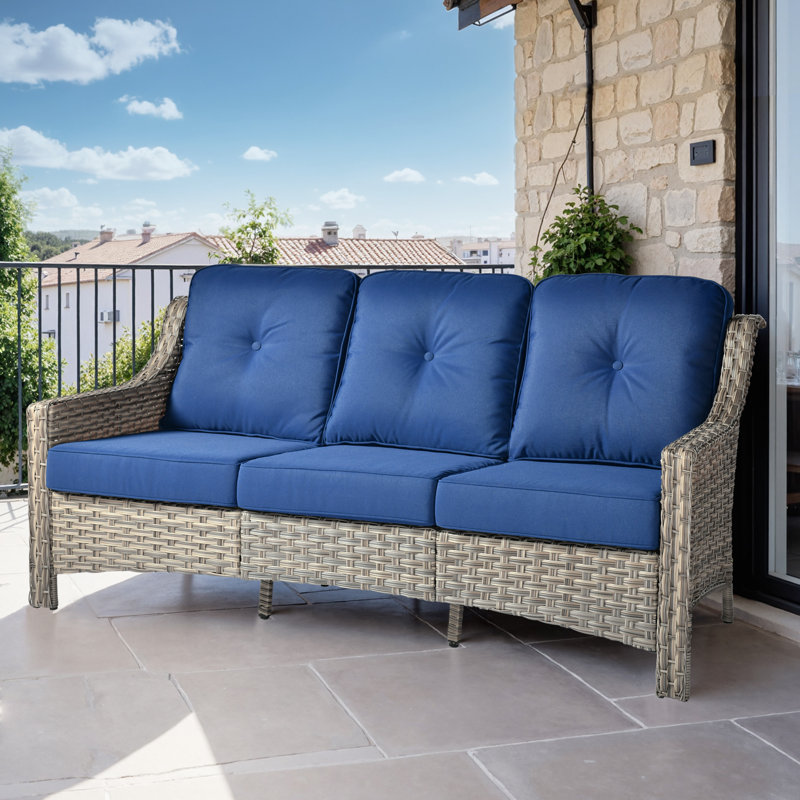 3 - Person All Weather Patio Furniture Sofa , Outdoor Wicker Rattan High Back Sofa With Cushions, Navy