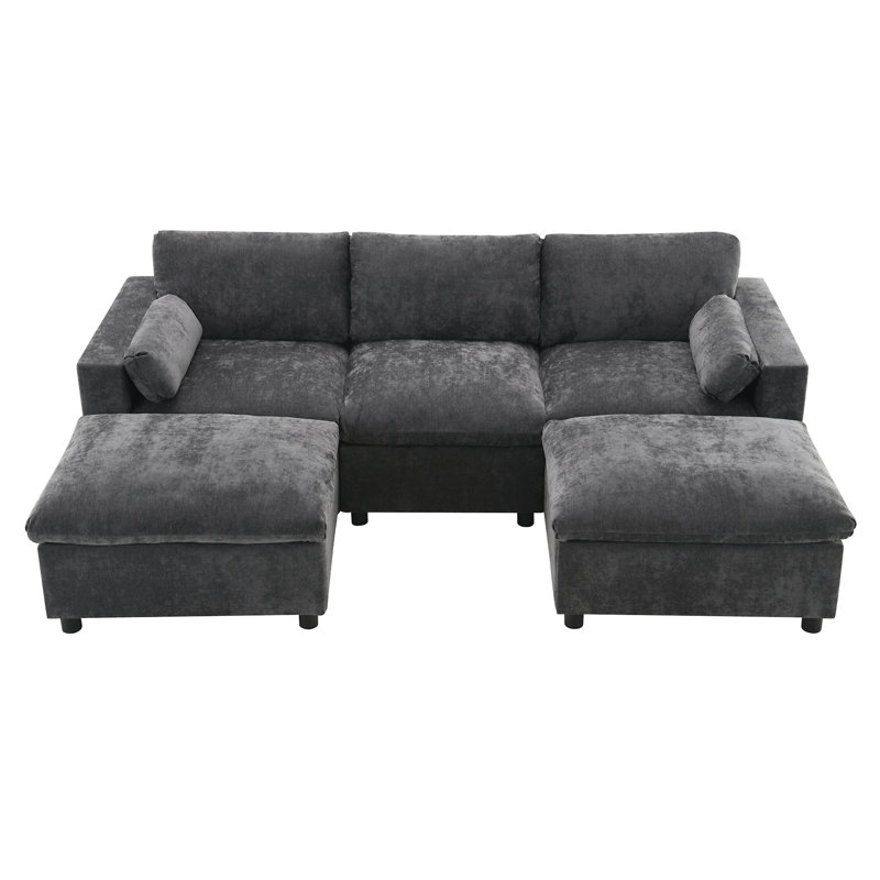 [VIDÉO] Canapé modulaire chenille modulaire de 86,5 po avec poches de rangement, Chenille grise foncée