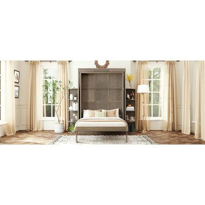 Grand lit escamotable rotatif avec armoire murale cachée, deux tablettes latérales à 3 niveaux, bureau convertible, supports de rangement supplémentaires, lit mural multifonctionnel peu encombrant pour le bureau à domicile et les petites pièces, gris