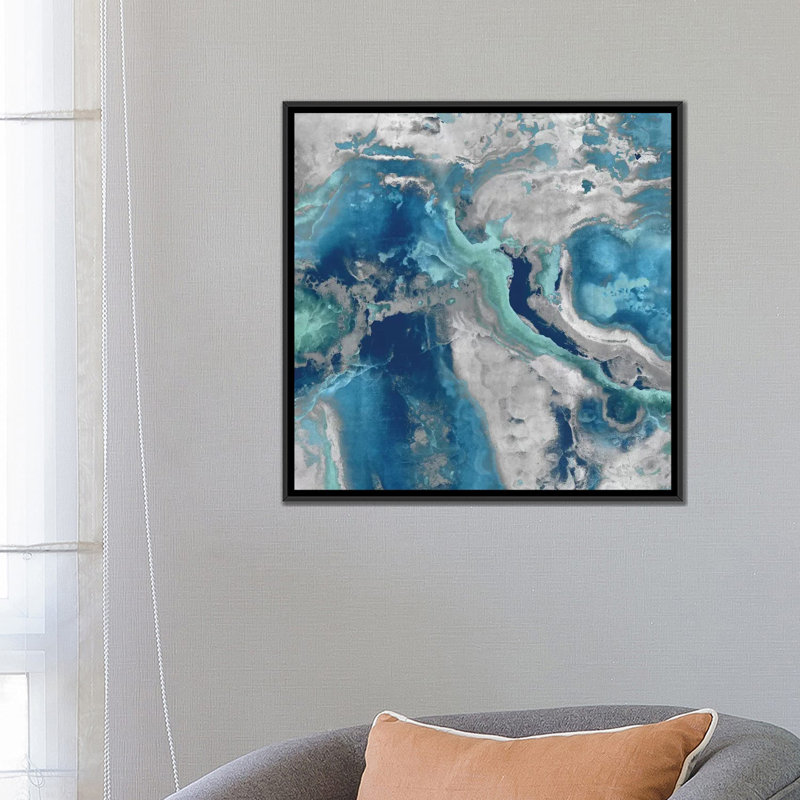 «Stone with Blue and Aqua», reproduction sur toile, H 26 po x l 26 po x P 1,5 po, Toile avec cadre noir, Pas de tapis