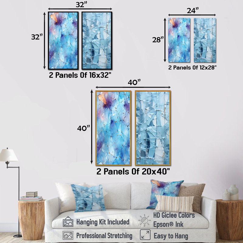 «White Blue Frosty Collage I», ensemble de 2 reproductions d'art abstrait, Cadre flottant blanc, H 32 po x l 33 po