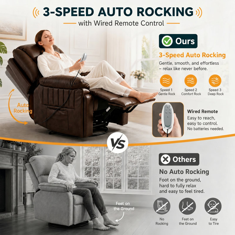  Ensemble de 2 fauteuils inclinables électriques à bascule pour adultes avec 3 vitesses, télécommande câblée, fauteuil inclinable électrique berçant en cuir, fonction minuterie berçante 5 à 15 minutes, pour le salon, brun