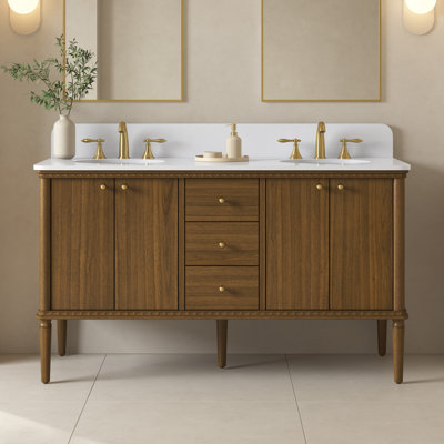 Meuble-lavabo double lavabo OVE Helena de 60 po, fini noyer chaud, comptoir en pierre reconstituée blanche et quincaillerie en or brossé