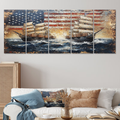 Boston Tea Party, États-Unis, patriotiste, bateau à voile I, art mural patriotiste américain, ensemble d'art mural moderne, 5 pièces
