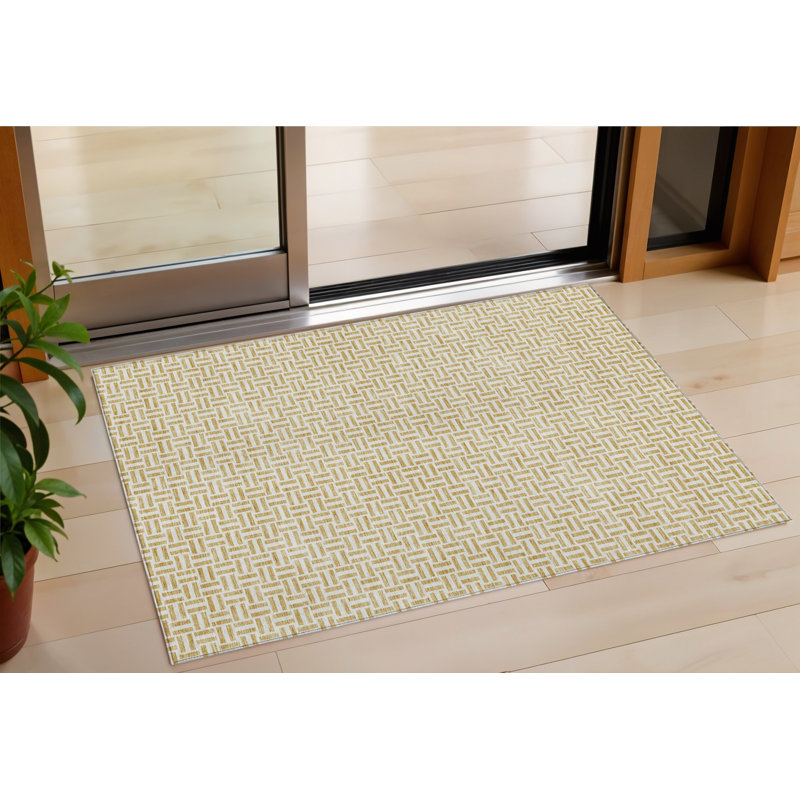 3' X 5' Gold And Ivory Geometric Washable Indoor Outdoor Area Rug