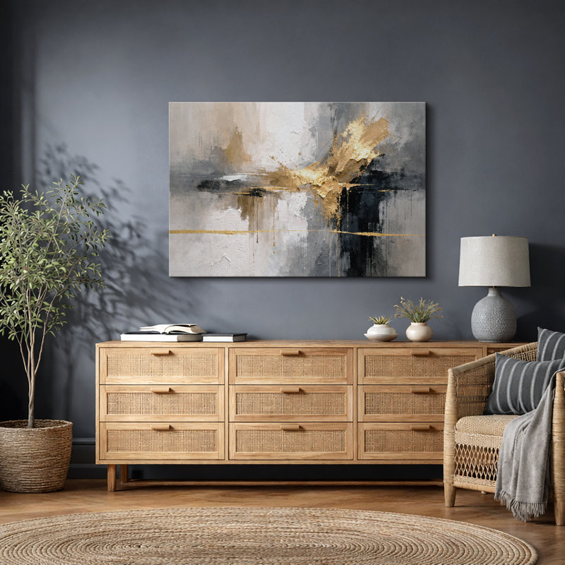 Abstrait neutre, horizon doré, œuvre d'art moderne, impression de giclée sur toile encadrée, H 12 po x l 18 po x P 1,5 po