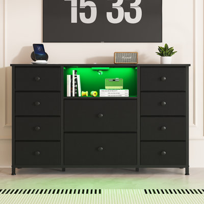 10 Drawers Dresser with Charging Station and LED Lights, Fabric Long Dresser TV Stand with PU Finish