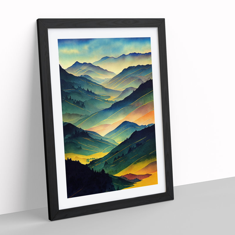 XV1022-5155X Watercolour Mountain Landscape No.5 - Single Picture Frame Painting, Black, 64cm H x 46cm W x 2cm D
